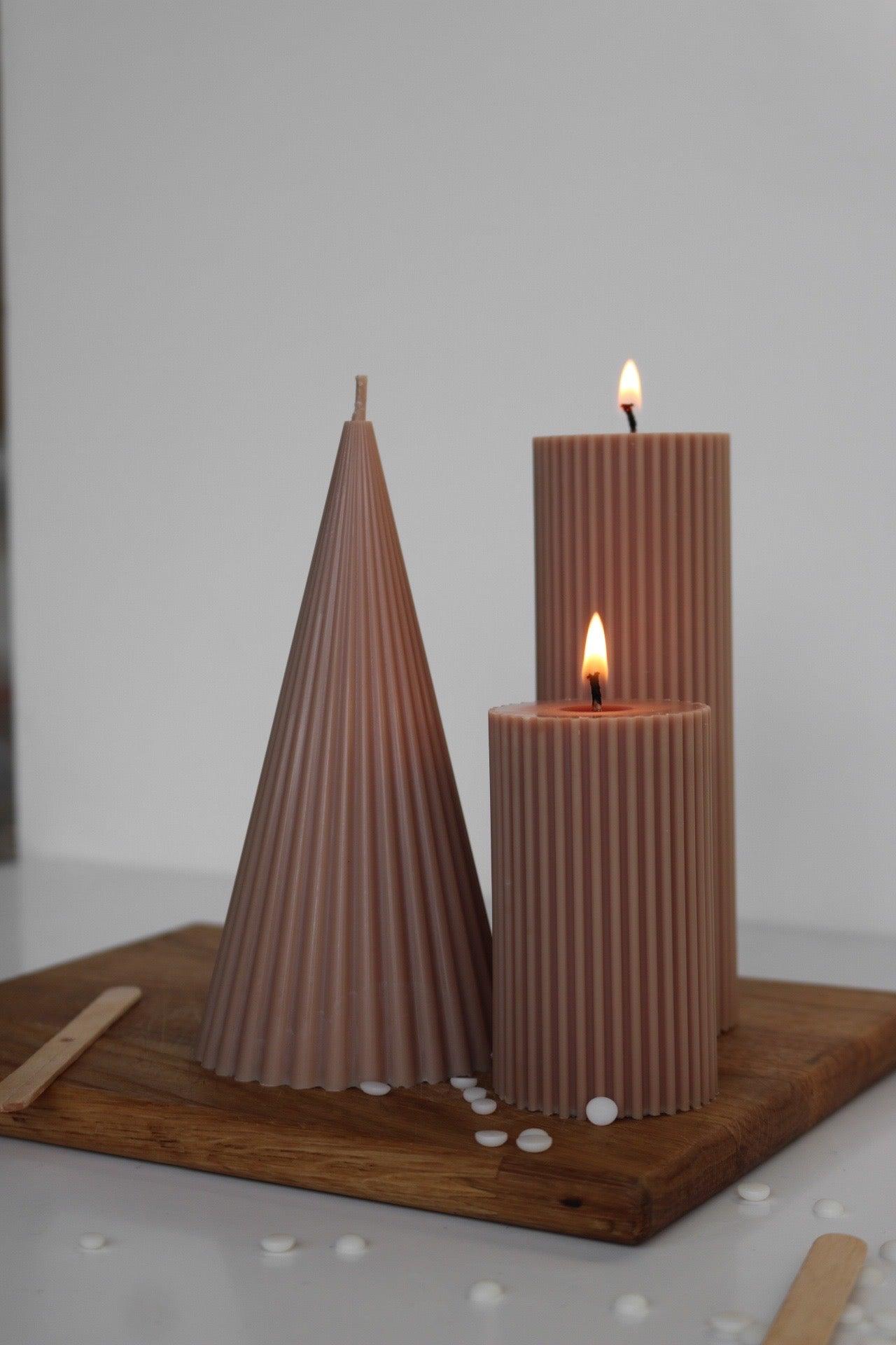 🌿Ribbed Pillar Candle Trio – Decorative Soy Wax Set